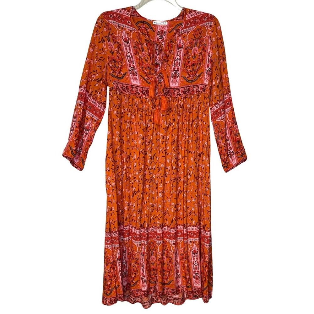 ‎ R. Vivimos Women's Maxi Boho Dress Size M 8/10 Orange Floral FALL